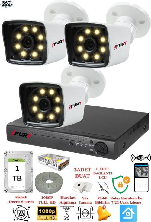 XFury 3 Kameralı 5mp Lens 1080p 2mp Color Görüntü 8 Warm Led Gece Görüş FullHd Güvenlik Kamera 5525W 1TB