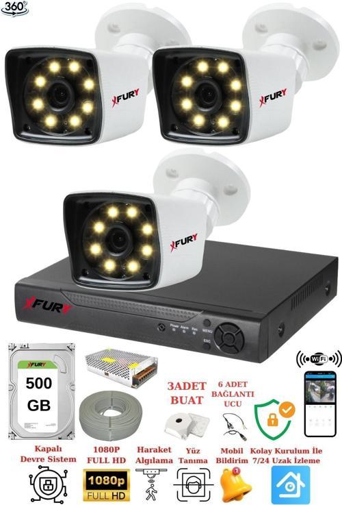XFury 3 Kameralı 5mp Lens 1080p 2mp ColorGörüntü 8 Warm Led Gece Görüş FullHd Güvenlik Kamera 5525W 500GB