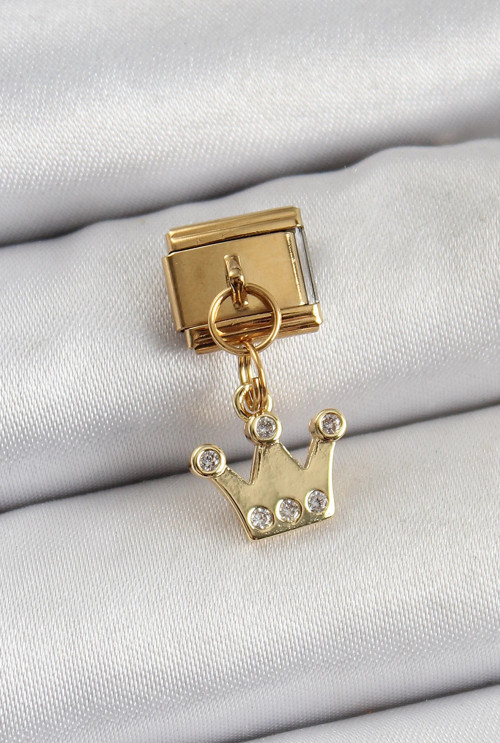 316L Çelik Sallantılı Zirkon Taşlı Kraliçe Tacı Model Gold Renk Nomination Charm - TJ-BC