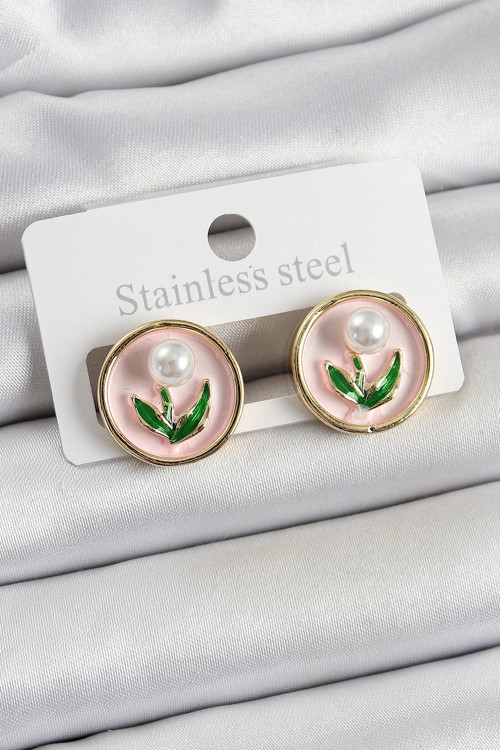 Pirinç Pembe Mineli Lale Figürlü Sanatsal Portre Model Gold Renk Kadın Küpe - TJ-BKP1067