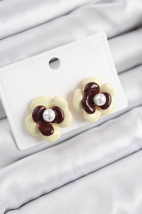 İnci Detaylı Krem Kahverengi Renk Papatya Model Kadın Küpe - TJ-BKP10859