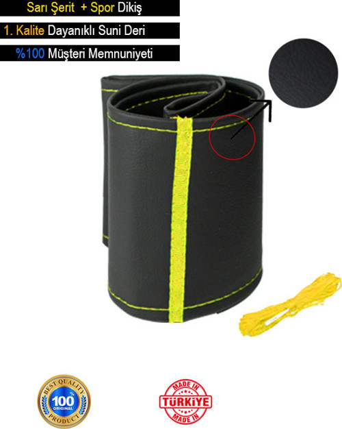 Skoda Super B Deri Direksiyon Kılıfı, Sarı Şeritli Spor Dikiş