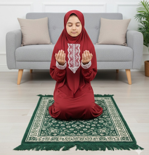 Kendinden Başörtülü Kız Çocuk Namaz Elbisesi Düz Renk