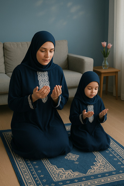 Anne Kız Kendinden Başörtülü Namaz Elbisesi Takımı