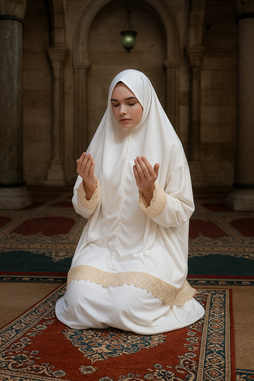 İki Parça Etekli Dantelli Kadın Namaz Elbisesi Düz Renk