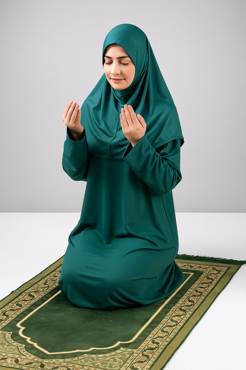 Tek Parça Başörtülü Düz Renk Hafif Kumaş Kadın Namaz Elbisesi