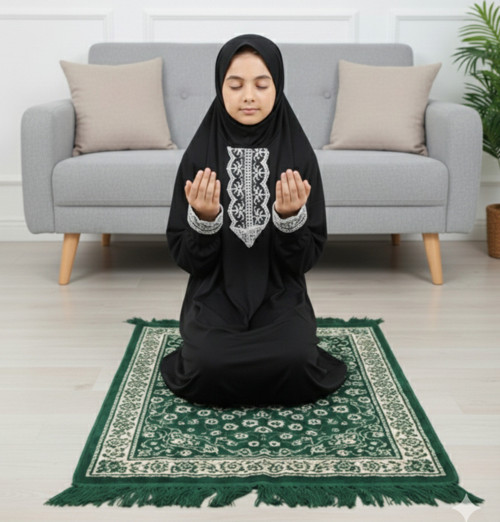 Kendinden Başörtülü Dantelli Kız Çocuk Namaz Elbisesi