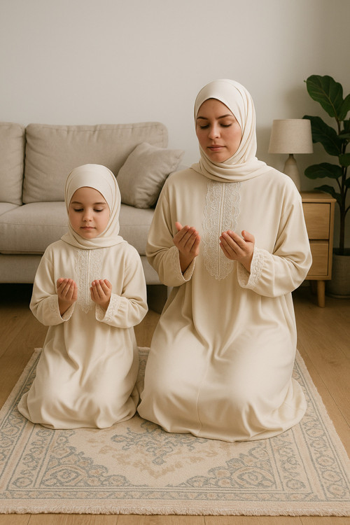 Anne Kız Kendinden Başörtülü Namaz Elbisesi Takımı