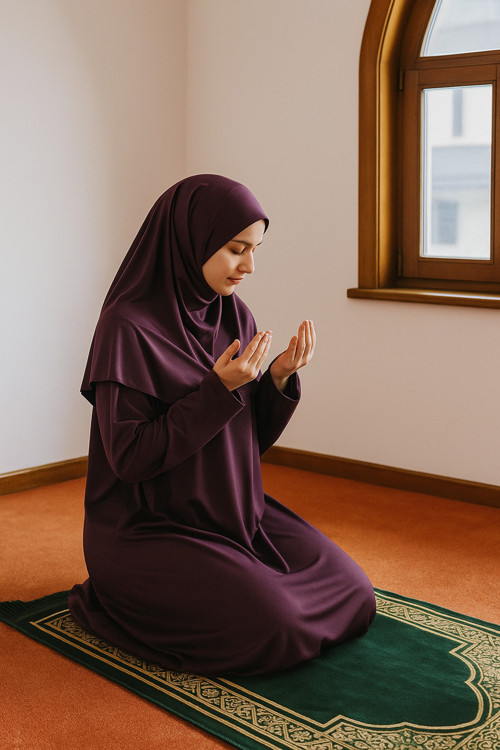 Tek Parça Başörtülü Düz Renk Hafif Kumaş Kadın Namaz Elbisesi