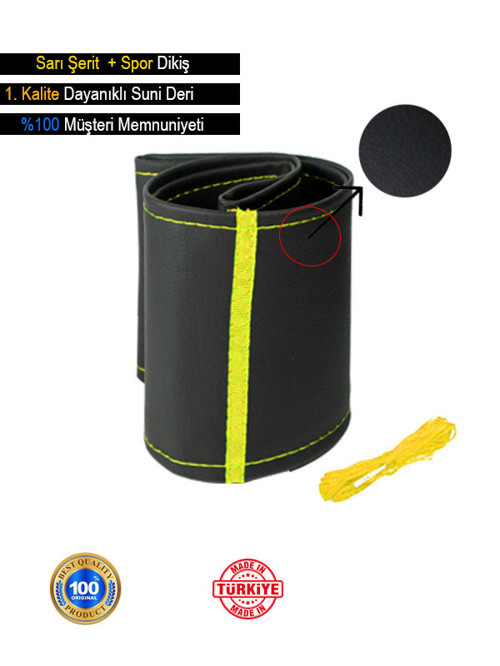 Mini One Deri Direksiyon Kılıfı, Sarı Şeritli Spor Dikiş