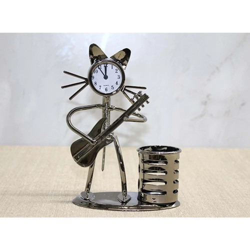 Metal Gitar Çalan Kedi Müzisyen Saat Ve Kalemlik