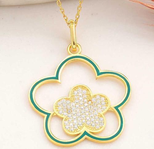925 Ayar ​Gümüş Gold Çiçek Desenli Kadın Kolye
