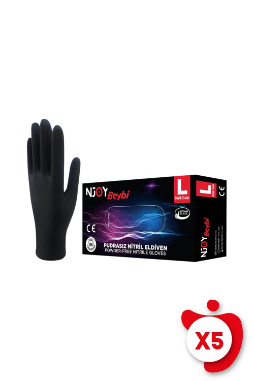 Pudrasız Nitril N-Joy Eldiven L Beden Siyah 100'lü 5 Paket
