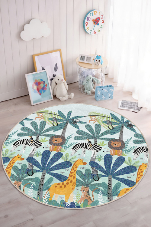 Canlı Renklerde Safari Temalı Yıkanabilir Yuvarlak Çocuk Odası Halısı