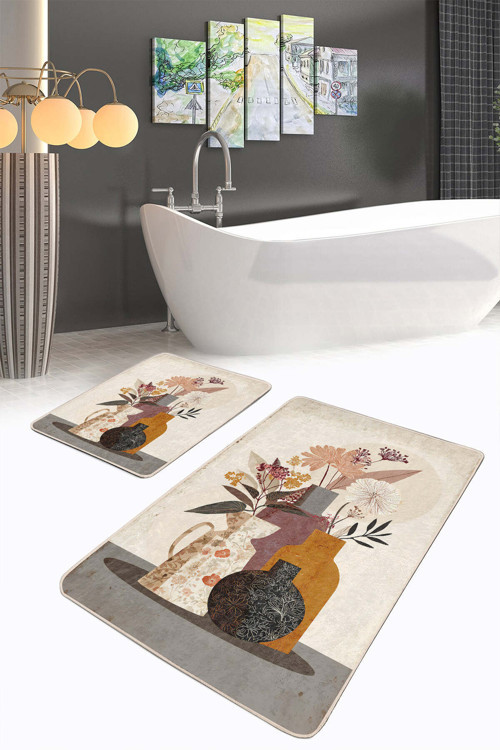 Vazo Ve Çiçek Desenli Bej-Kahverengi Modern Tasarım 2'Li Kaymaz Taban Yıkanabilir Banyo Paspas Seti