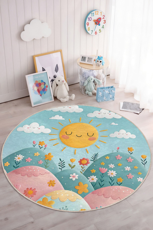 Canlı Renklerde Güneş Motifli Yuvarlak Çocuk Odası Yıkanabilir Kaymaz Taban Halı