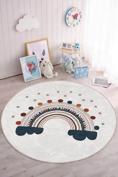 Canlı Renkli Dümdüz Gökkuşağı Desenli Yuvarlak Çocuk Odası Halısı