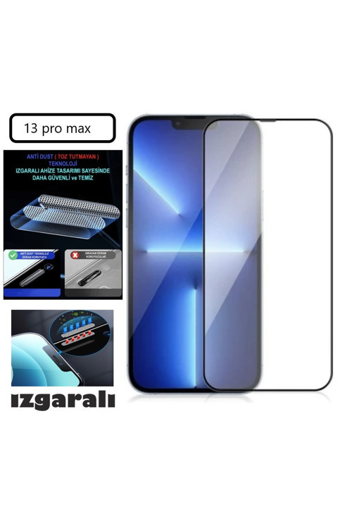 Iphone 13 Pro Max Ekran Koruyucu Toz Filitreli Izgaralı Anti Dust Tam Kaplayan Kırılmaz Cam