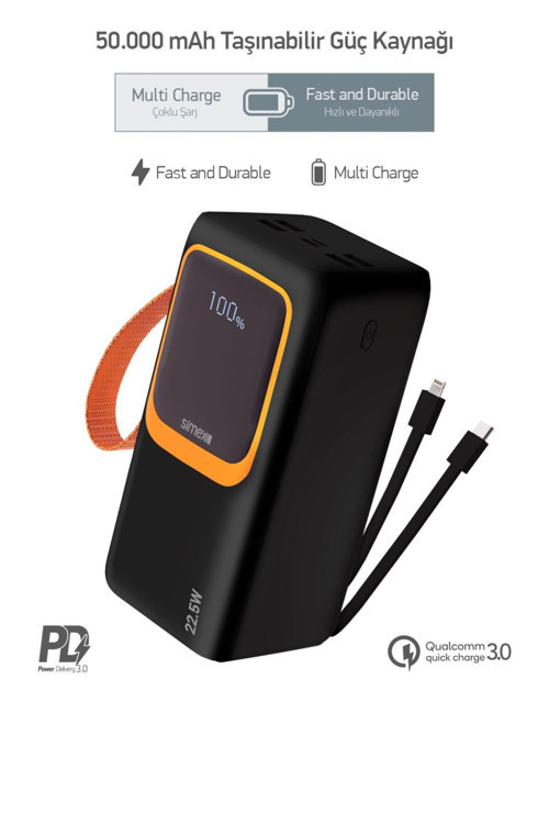 50.000 mah Powerbank  50000 Powerbank Hızlı şarj Pd Kablolu Fenerli Type C