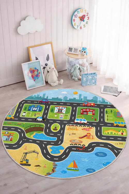 Renkli Yol & Oyun Temalı Yuvarlak Çocuk Odası Yıkanabilir Kaymaz Taban Halısı