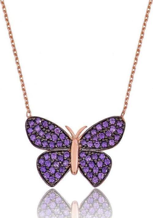925 Ayar Gümüş Rose Mor Kelebek Kolye