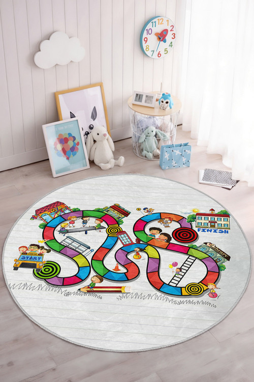 Canlı Renklerde Oyun Yolu Temalı Yuvarlak Çocuk Odası Yıkanabilir Halı