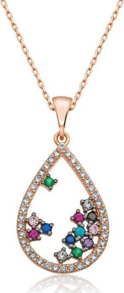 925 Ayar Gümüş Rose Renkli Taşlı Damla Kolye