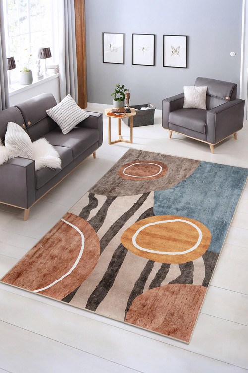 Modern Abajur Ve Daire Desenli Yıkanabilir Kaymaz Taban Salon Halısı