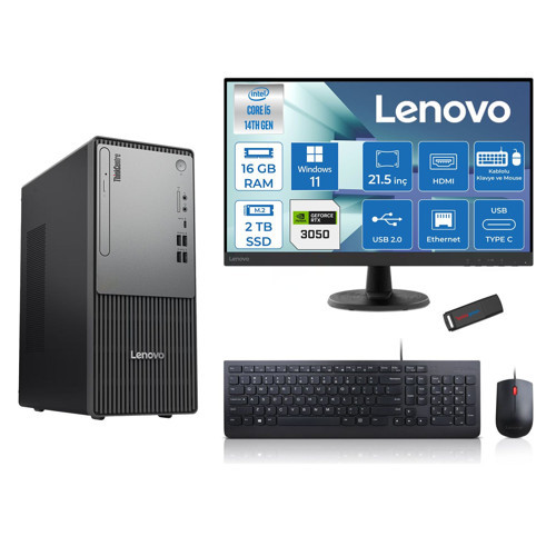 Thinkcentre Neo 50T Gen5 Intel Core I5 14400 16GB Ddr5 2tb SSD 21.5 Inç Monitör Windows 11 Pro Nvidia RTX3050 6gb Masaüstü Bilgisayar 30502112UAS1CF00P04 + Zetta Flash Bellek