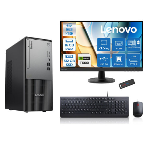 Thinkcentre Neo 50T Gen5 Intel Core I5 14400 16GB Ddr5 512GB SSD 21.5 Inç Monitör Freedos Quadro T1000 4gb Masaüstü Bilgisayar 10002112UAS1CF00F02 + Zetta Flash Bellek
