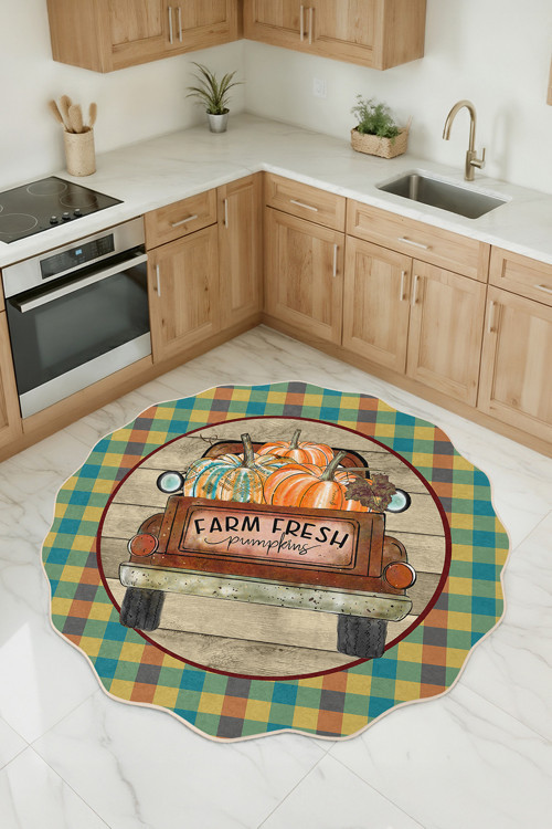 Tazele Yenilikçi Kamyon Balkabağı Desenli Özel Kesim Yıkanabilir Kaymaz Taban Mutfak Halısı