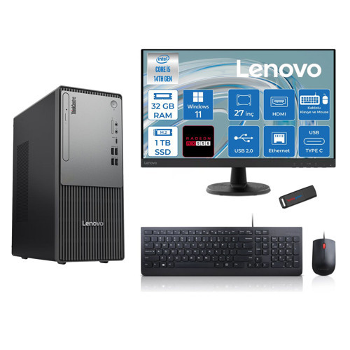 Thinkcentre Neo 50T Gen5 Intel Core I5 14400 32GB Ddr5 1tb SSD 27 Inç Monitör Windows 11 Home Radeon RX550 4gb Masaüstü Bilgisayar 5502712UAS1CF00H13 + Zetta Flash Bellek