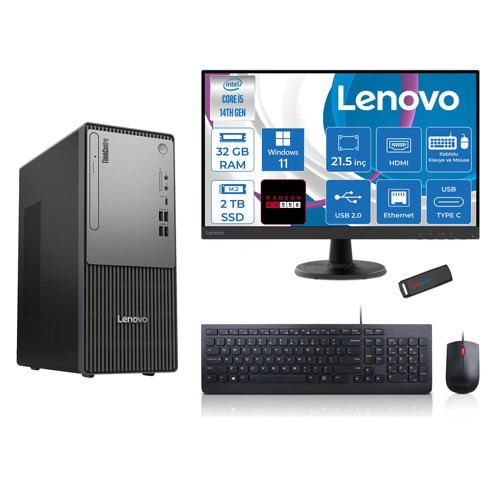 Thinkcentre Neo 50T Gen5 Intel Core I5 14400 32GB Ddr5 2tb SSD 21.5 Inç Monitör Windows 11 Pro Radeon RX550 4gb Masaüstü Bilgisayar 5502112UAS1CF00P14 + Zetta Flash Bellek