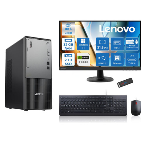 Thinkcentre Neo 50T Gen5 Intel Core I5 14400 32GB Ddr5 2tb SSD 21.5 Inç Monitör Windows 11 Home Quadro T1000 4gb Masaüstü Bilgisayar 10002112UAS1CF00H14 + Zetta Flash Bellek