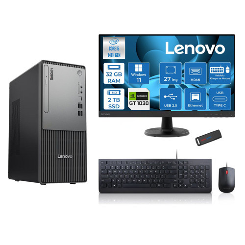 Thinkcentre Neo 50T Gen5 Intel Core I5 14400 32GB Ddr5 2tb SSD 27 Inç Monitör Windows 11 Pro Nvidia GT1030 4gb Masaüstü Bilgisayar 10302712UAS1CF00P14 + Zetta Flash Bellek