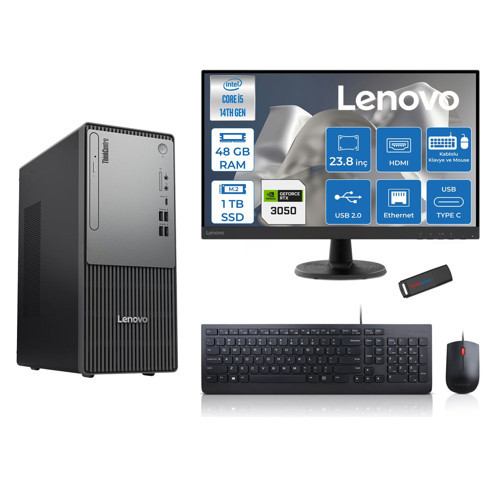 Thinkcentre Neo 50T Gen5 Intel Core I5 14400 48GB Ddr5 1tb SSD 23.8 Inç Monitör Freedos Nvidia RTX3050 6gb Masaüstü Bilgisayar 30502412UAS1CF00F18 + Zetta Flash Bellek