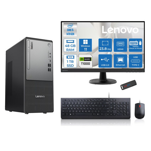 Thinkcentre Neo 50T Gen5 Intel Core I5 14400 48GB Ddr5 1tb SSD 23.8 Inç Monitör Windows 11 Pro Quadro T1000 4gb Masaüstü Bilgisayar 10002412UAS1CF00P18 + Zetta Flash Bellek