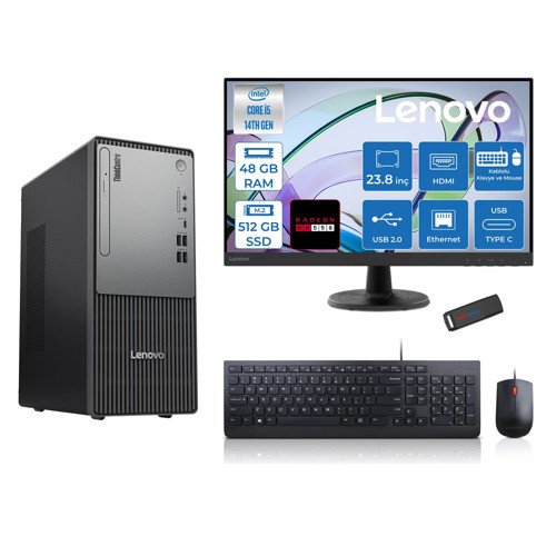 Thinkcentre Neo 50T Gen5 Intel Core I5 14400 48GB Ddr5 512GB SSD 23.8 Inç Monitör Freedos Radeon RX550 4gb Masaüstü Bilgisayar 5502412UAS1CF00F17 + Zetta Flash Bellek