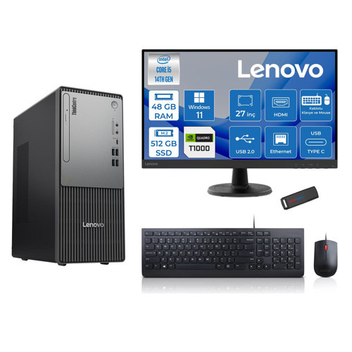 Thinkcentre Neo 50T Gen5 Intel Core I5 14400 48GB Ddr5 512GB SSD 27 Inç Monitör Windows 11 Home Quadro T1000 4gb Masaüstü Bilgisayar 10002712UAS1CF00H17 + Zetta Flash Bellek