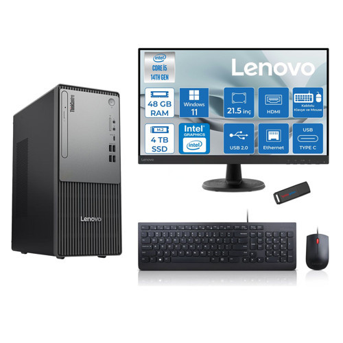 Thinkcentre Neo 50T Gen5 Intel Core I5 14400 48GB Ddr5 4tb SSD 21.5 Inç Monitör Windows 11 Pro Intel UHD 730 Masaüstü Bilgisayar 2112UAS1CF00P20 + Zetta Flash Bellek