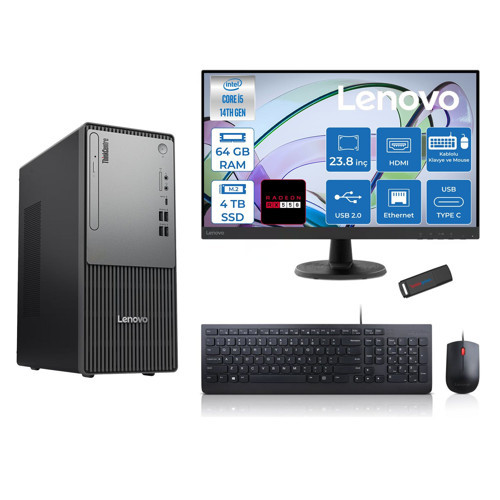 Thinkcentre Neo 50T Gen5 Intel Core I5 14400 64GB Ddr5 4tb SSD 23.8 Inç Monitör Freedos Radeon RX550 4gb Masaüstü Bilgisayar 5502412UAS1CF00F25 + Zetta Flash Bellek