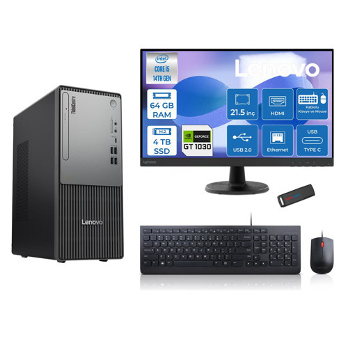 Thinkcentre Neo 50T Gen5 Intel Core I5 14400 64GB Ddr5 4tb SSD 21.5 Inç Monitör Freedos Nvidia GT1030 4gb Masaüstü Bilgisayar 10302112UAS1CF00F25 + Zetta Flash Bellek