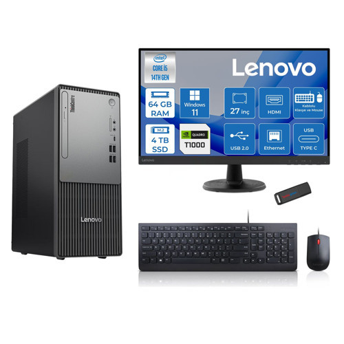 Thinkcentre Neo 50T Gen5 Intel Core I5 14400 64GB Ddr5 4tb SSD 27 Inç Monitör Windows 11 Pro Quadro T1000 4gb Masaüstü Bilgisayar 10002712UAS1CF00P25 + Zetta Flash Bellek