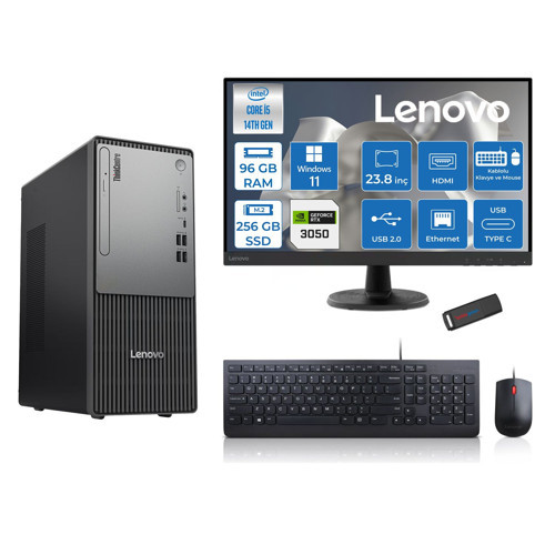 Thinkcentre Neo 50T Gen5 Intel Core I5 14400 96GB Ddr5 256GB SSD 23.8 Inç Monitör Windows 11 Pro Nvidia RTX3050 6gb Masaüstü Bilgisayar 30502412UAS1CF00P26 + Zetta Flash Bellek