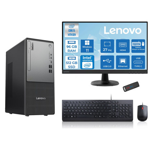 Thinkcentre Neo 50T Gen5 Intel Core I5 14400 96GB Ddr5 512GB SSD 27 Inç Monitör Windows 11 Pro Intel UHD 730 Masaüstü Bilgisayar 2712UAS1CF00P27 + Zetta Flash Bellek