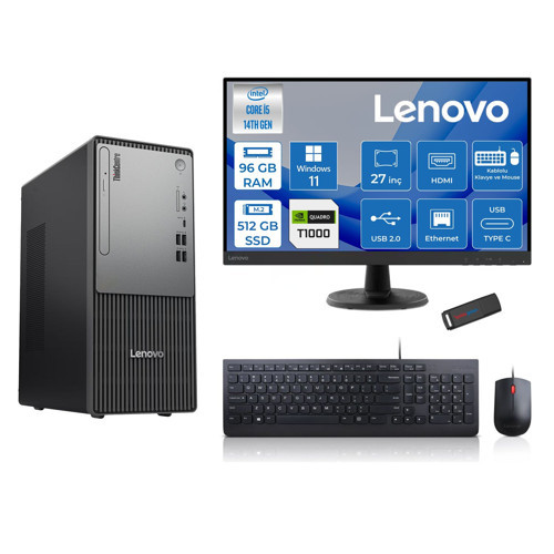 Thinkcentre Neo 50T Gen5 Intel Core I5 14400 96GB Ddr5 512GB SSD 27 Inç Monitör Windows 11 Pro Quadro T1000 4gb Masaüstü Bilgisayar 10002712UAS1CF00P27 + Zetta Flash Bellek