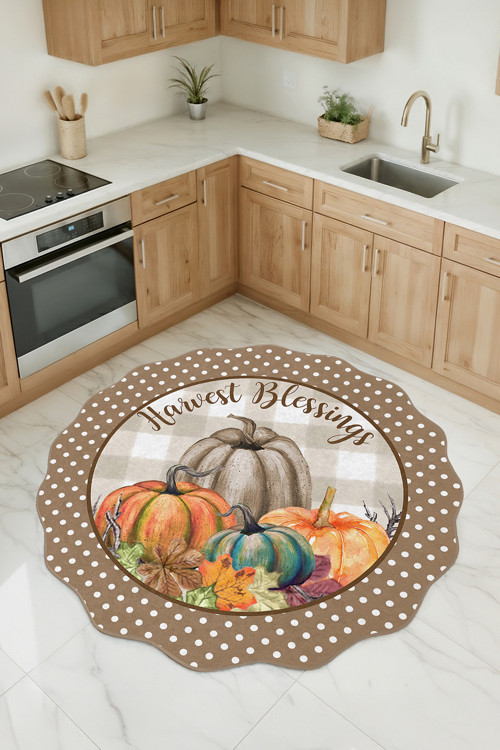Sonbahar Temalı Kabak Desenli Özel Kesim Yuvarlak Yıkanabilir Kaymaz Taban Mutfak Halısı