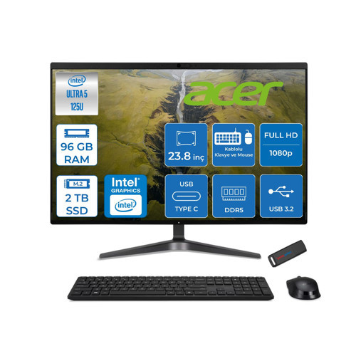 Veriton VZ2524G Intel Core Ultra 5 125U 96GB Ddr5 2tb SSD Intel® Aı Boost 23.8" Fullhd (1920 x 1080) Freedos All In One Bilgisayar DQR2REM001F39 + Zetta Flash Bellek