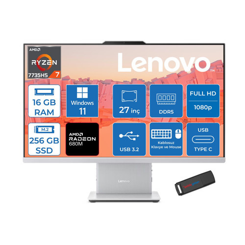 Ideacentre Aıo 27ARR9 Amd Ryzen 7 7735HS 16GB Ddr5 256GB SSD Windows 11 Home Radeon 680M 27 Inç Fhd (1920X1080) IPS 300NITS Bulut Gri All In One Bilgisayar ICF0HQ008GTRH01 + Zetta Flash Bellek