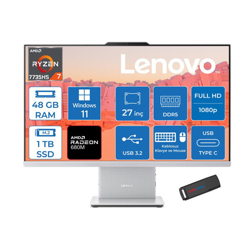 Ideacentre Aıo 27ARR9 Amd Ryzen 7 7735HS 48GB Ddr5 1tb SSD Windows 11 Pro Radeon 680M 27 Inç Fhd (1920X1080) IPS 300NITS Bulut Gri All In One Bilgisayar ICF0HQ008GTRP23 + Zetta Flash Bellek